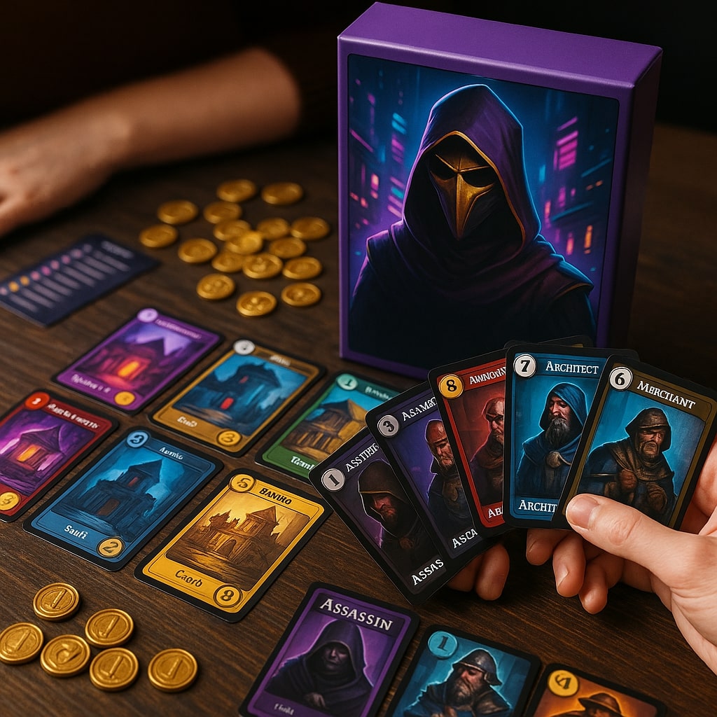 Vadara Districts board game components: character cards, districts, and gold tokens